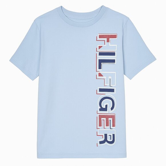 NWT- Tommy Hilfiger Boys Vertical Logo Tee – Light Blue, Size 5, - Picture 1 of 5